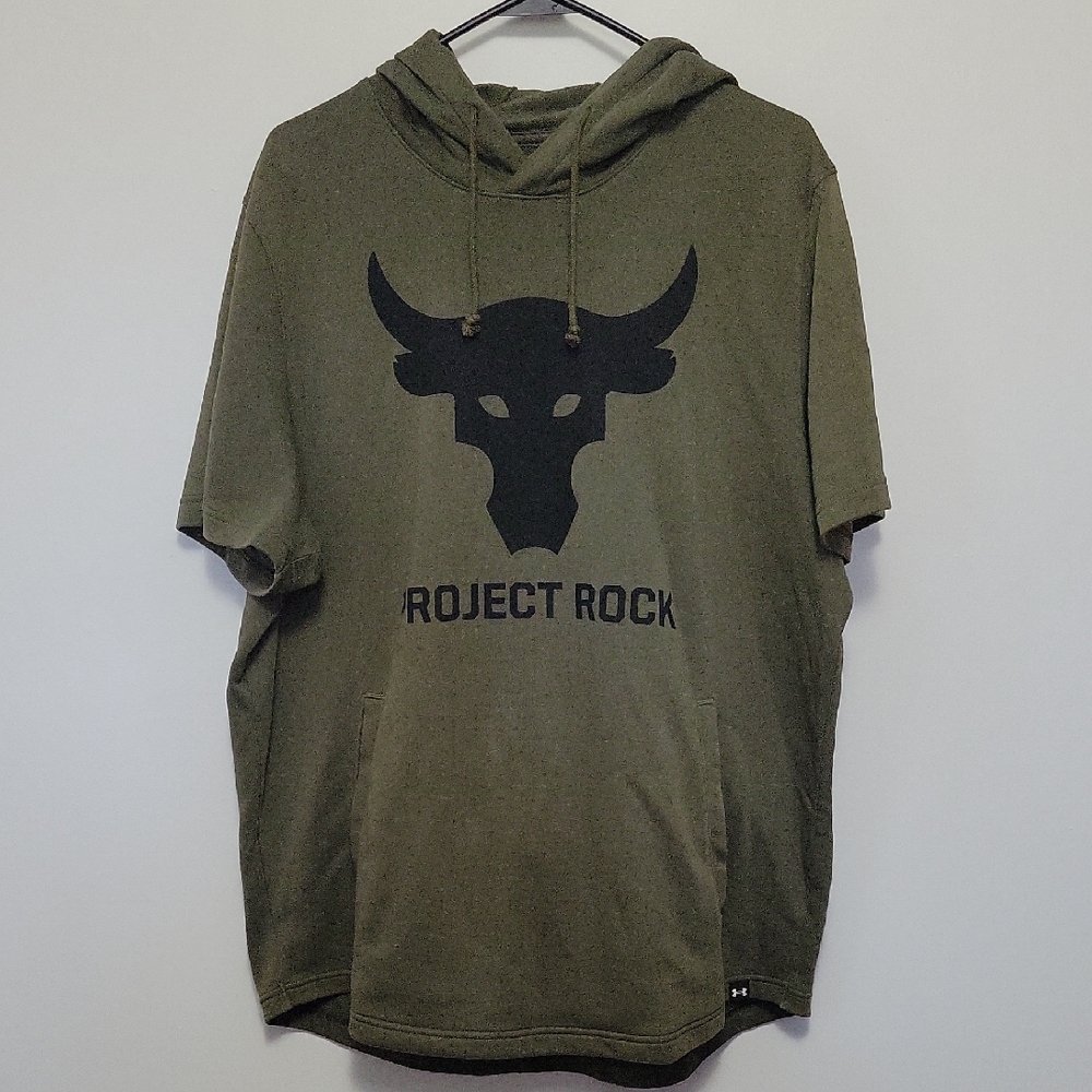 Under Armour Project Rock Olive Green Black Logo Short Sleeve Terry Hoodie